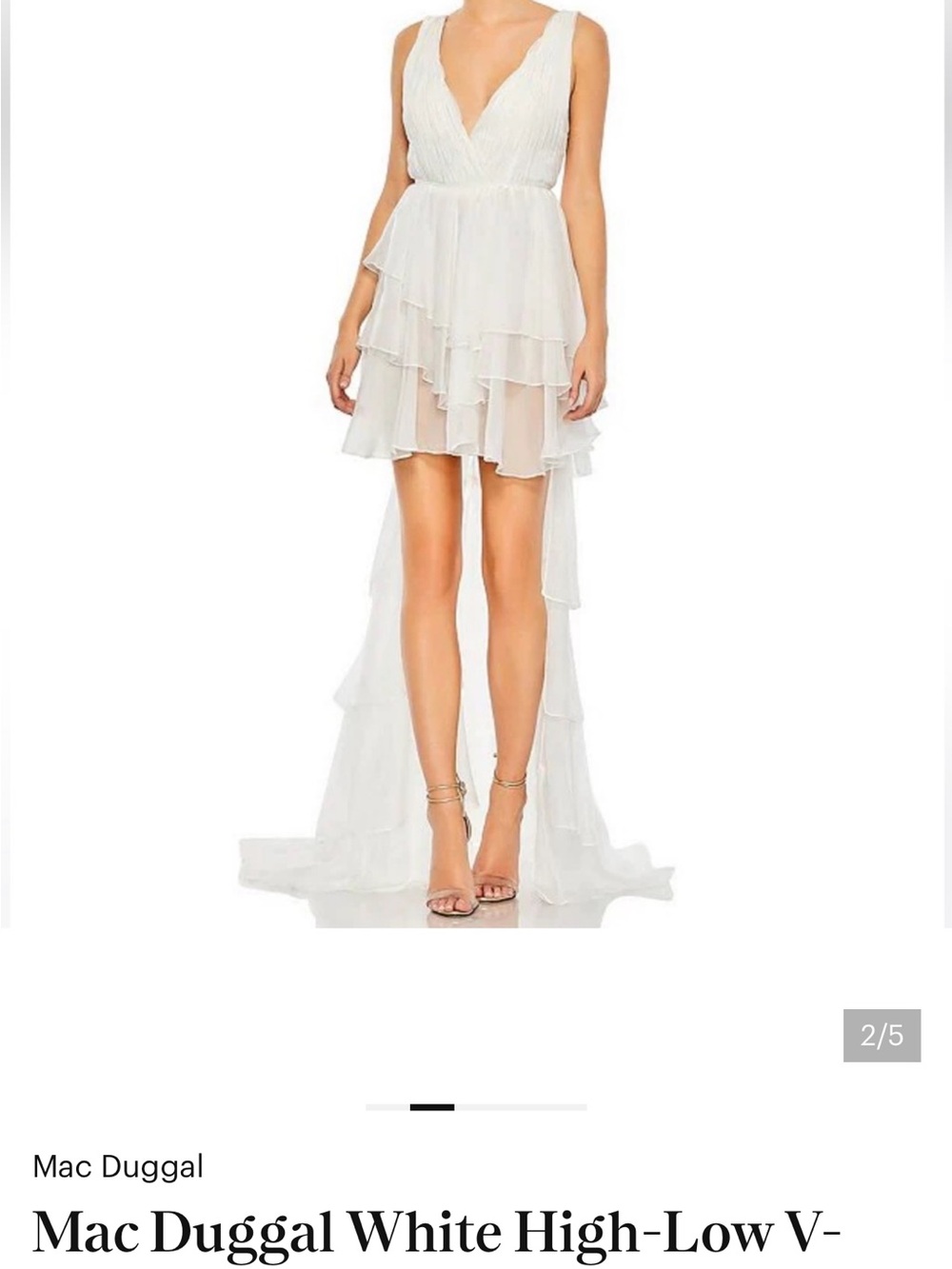 Mac Duggal White Tiered V-Neck Ruffle Gown